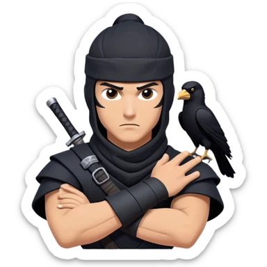 clash-of-clans-aesthetic_-cinematic-mysterious-male-ninja-portrait-emoji, rendered in a flat, vector-style with minimal shading and bold, simplified shapes, with a head slightly turned revealing intense, focused eyes. the ninja has his arm out and perched on top of his forarm is  a  giant black crow sticker