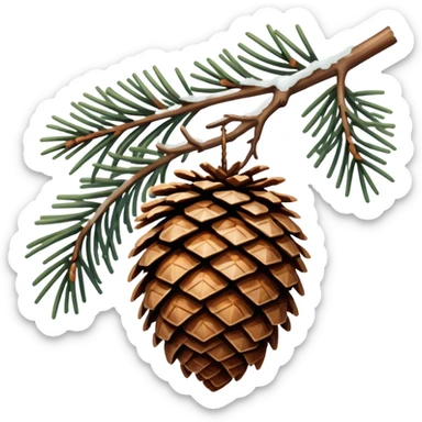 A snowy Spruce pinecone hanging from branch  sticker