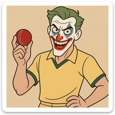 joker in clown makeup, dressed as a cricket player in a yellow jersey, holding a cricket ball, cartoon style sticker