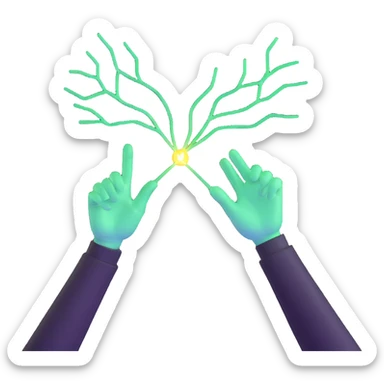 two hands reaching towards each other with glowing connection sticker