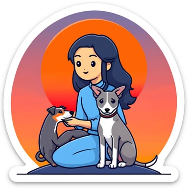 A very beautiful and attractive 25-year-old Chinese woman with long flowing black hair and a SOLID DARK GREY whippet sitting together during a beautiful sunset. The whippet MUST be COMPLETELY SOLID DARK GREY with ABSOLUTELY NO WHITE MARKINGS ANYWHERE - no white chest, no white face, no white paws, no white tip on tail - ENTIRELY ONE SOLID DARK GREY COLOR throughout the entire dog. Orange and red sunset sky in the background. sticker