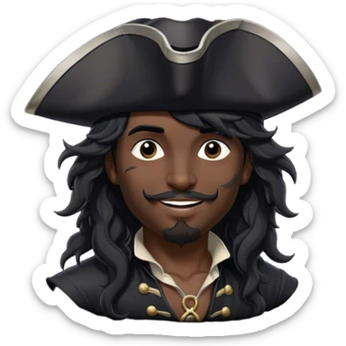 A charismatic pirate with wavy black hair tousled by the breeze. His silver-embroidered tricorn hat casts a shadow. He turns slightly, dark eyes glinting with mischief as he looks to the side, a knowing smile on his lips sticker