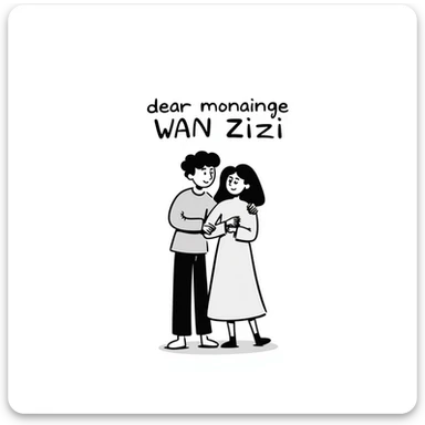 person hugging girlfriend, with text 'dear monainge wan Zizi' sticker