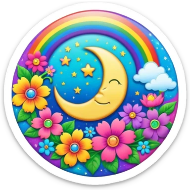 A round psychedelic colored button with a rainbow colored damask style moon and hippie flowers in the center sticker