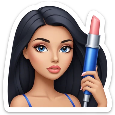 Glamours, tanned, very beautiful girl, with big pump peach-beige-rose lips, long long lashes, black straight smooth silky long hair, straight parting hair, blue-grey eyes sticker
