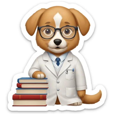 Wise dog with glasses, wearing a lab coat, perched on a stack of books. sticker