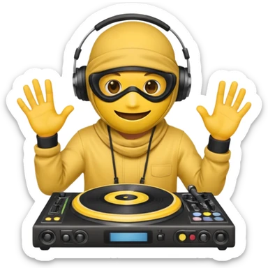 Make a customized yellow head emoji with hands and holding a dj turn table  in a  ninja face mask sticker
