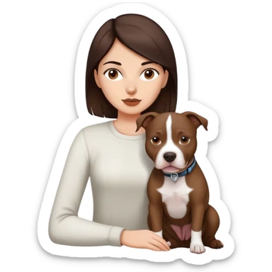 girl with dark brown long hair with her pitbull dog brown and white sticker