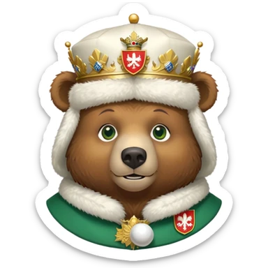 Just the head of a cute brown bear with green eyes, wearing white fur ushanka hat with highly detailed realistic Russian Federation coat of arms, showing double-headed eagle with crowns, scepter, orb and St. George shield, iOS emoji style sticker