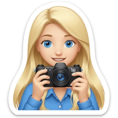  blue eyes blonde girl photographer cartoon taking picture in middle of taking picture camera in front of face long hair smiling funny flash professiona sticker