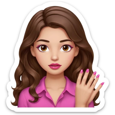 girl with long wavy brown hair, brown eyes, light to medium complexion, in a pink shirt, pink lips, long lashes, puckered lips, showing off painting nails sticker