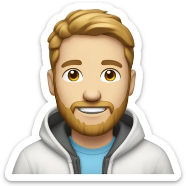 Product manager who is also a hacker. He has light brown hair, light blue eyes, a big white smile, a short beard. He has a hoodie. sticker