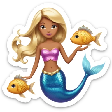 Brown skin blonde hair barbie mermaid with glitter tail  with pufferfish sticker