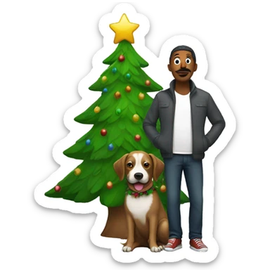 Man disguised in a christmas tree with a dog sticker
