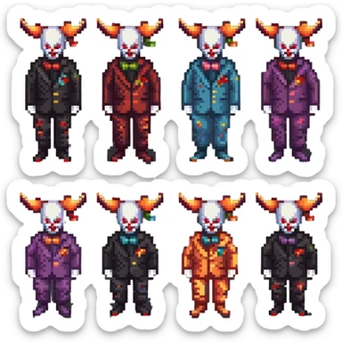 demonic clown wearing a leisure suit, bald with different horn styles sticker