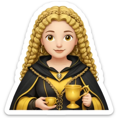 Helga Hufflepuff, 2 curly thick brown braids, yellow-black medieval dress, black cloak decorated with gold braiding, tiny two-handled shiny yellow-gold cup, very kind smile, curvy busty sweet woman, thick rosy cheeks sticker