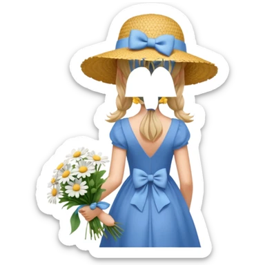 a young woman in a blue dress with a bow, straw hat, and bouquet of daisies, seen from behind, soft lighting, simple background, 3D iOS Apple emoji style sticker