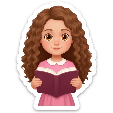 Menina branca,de olhos castanhos claros, com cabelos longos encaracolados vestido rosa lendo a Bíblia sticker