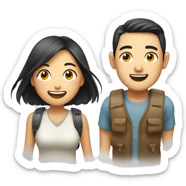 Cute Asian couple excitedly traveling  sticker