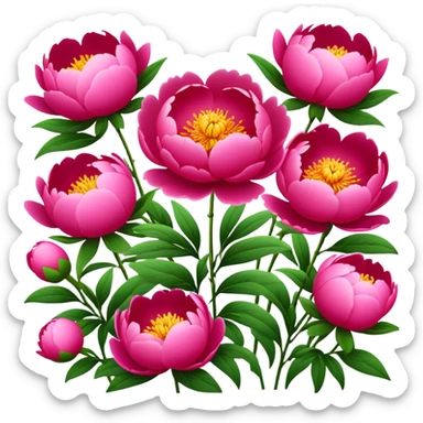 Luoyang Peony Festival colorful flowers park, simplified emoji style with bold outlines and bright colors, cartoon style blooming pink and red peonies sticker