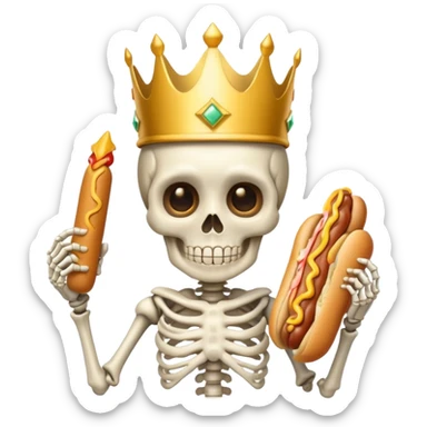 A cute skeleton wearing crown and holding hot dog sticker