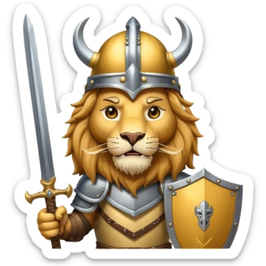 lion with viking helmet and sword behind sticker