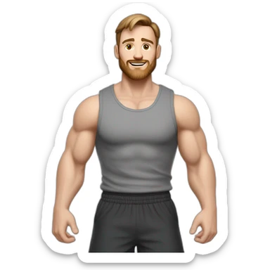 Full height realistic Actively gesturing with hands Pale skinned Fit Man With the biceps and brown hair in dark gray Sleeveless Mike, black oversize sports shorts, watch and white Sneakers sticker