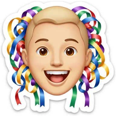 face with open mouth, smiling, surrounded by parade streamers sticker