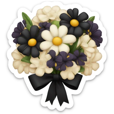black bouquet of different flowers tied together with black bow sticker