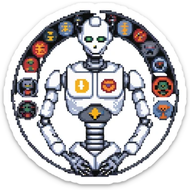 Pixel art of a robot man with a circular chest divided into four segments showing icons for visual art, music, theater, and literature sticker