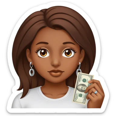 Una chica de color de pelo castaño, con un piercing séptum en la nariz contando dólares  sticker