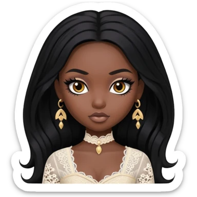 black skin, pretty, BLACK long black hair, pale skin, eyeliner, lace clothes, brown eyes bratz baddie sticker