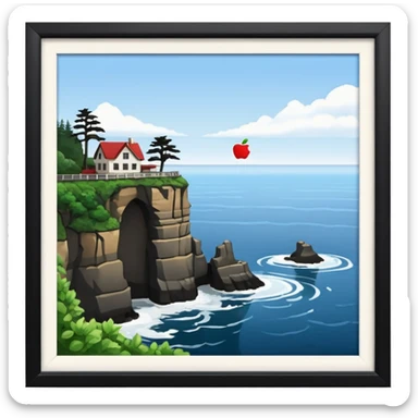 Cape Flattery viewpoint with rocky outcrop and sea, Apple emoji style, no text sticker