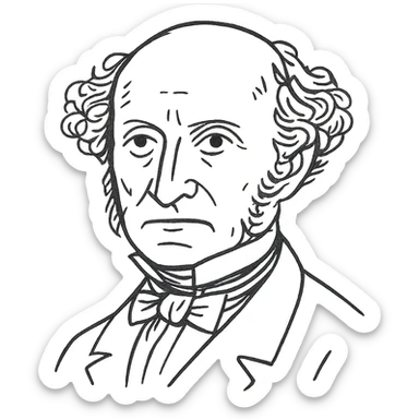 a hand drawn black outline portrait of philosopher John Stuart Mill with similar-sized eyes based a famous portrait of him, with fluffy hair sticker