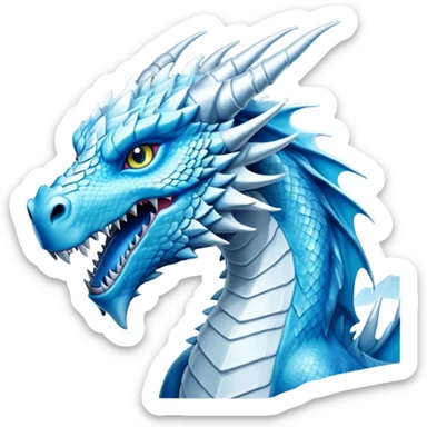 Cinematic Noble Fierce Ice Dragon Portrait Emoji, Poised and imposing, distinct long elegant snout, with a slender, scaled body shimmering in glacial hues of icy blue, frostbitten silver, and crystalline white, breathing out frost, with piercing, glowing eyes that radiate the chilling depths of an arctic storm; rendered in detail. sticker
