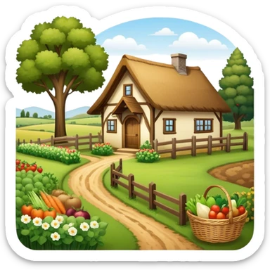 Icon for Rural Tourism: a peaceful countryside scene with a wooden cottage, a dirt path, grazing animals, and a basket of fresh produce. The icon should represent the tranquility and charm of rural life. Transparent background. sticker