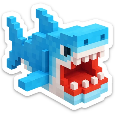 voxel style shark, open mouth, blocky, blue and silver, no background sticker