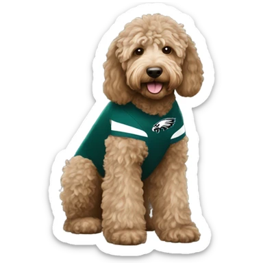 Light brown Labradoodle wearing a Philadelphia eagles shirt sticker