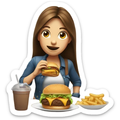 A girl with brown hair eating a burger. Her back is big almost like it’s pregnant  sticker