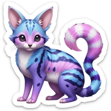 Hyper-realistic nebulae starry glittery shiny smooth soft Blue-indigo-purple-pink-violet-gradients divine beautiful elegant pretty precious cute young youthful  Fakémon-Pokémon-alien-opossum-feline-serval-caracal-chinchilla-Minccino-hybrid-creature with a big fluffy bushy striped tail (full body) sticker