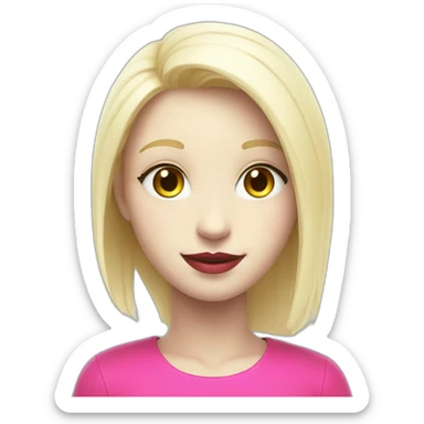 Joyful white humanoid with fluorescent and playful pink shirt, light blue eyes passionate about programming and art, blond hair red lip round and black bezel sticker