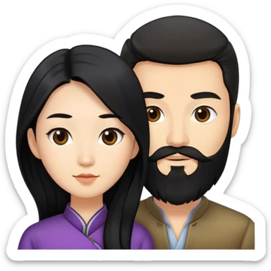 Asian woman with black long hair together with European guy who has black beard  sticker