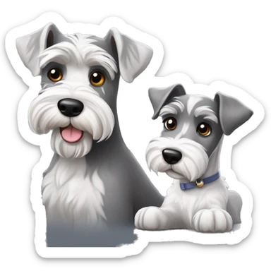 One big gray and dark eyed schnauzer with one small all white schnauzer puppy sticker