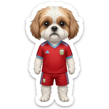 white and light brown shih zhu wearing a Argentina soccer jersey v neck 2026 work cup sticker