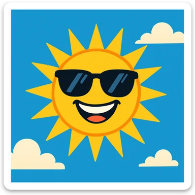 A vibrant, cartoon-style illustration of a cheerful sun wearing sunglasses, radiating bright rays, set against a clear blue sky with fluffy white clouds. The sun has a big, friendly smile, and the overall image conveys a sense of warmth and happiness. sticker