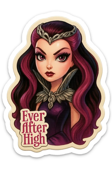 Ever After High sticker of Raven Queen, close-up portrait, intense eyes, silver accessories, mystical vibe sticker