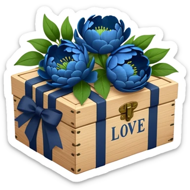 An antique wooden box filled with love blue letters tied with deep green bows, accompanied by a bouquet of navy blue peonies. sticker