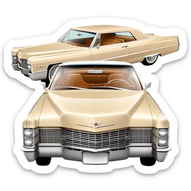 Clean-lined beige 1966 Cadillac DeVille, very minimalistic approach, 30-degree perspective, simplified iconic silhouette, Once Upon a Hollywood vehicle, iOS emoji style sticker