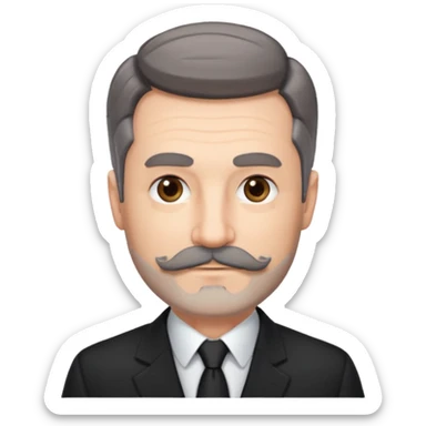50 yr old white man, pale skin, dark grey hair with some brown highlights, side swept part, groomed moustache and beard sticker