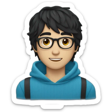Long emo black haired boy blue eyes and black rectangle nerd glasses smiling wearing blue sweater tan skin emo bangs over right eye sticker
